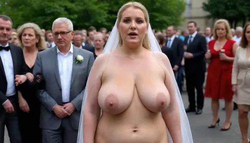 A wedding. Procession. City street. Naked blond obese woman. Well-dressed men in black suits and priests look at the Bride. She is a FAT 58-year-old woman, grandma, (((Full body with head visible))), . She is dressed only with a White veil on her head, White LACE BRA, naked body, no clothes, wrinkles, GLASSES, GRAY hair, collar, leash, ((daylight)), HD, true colors, detailed portrait. No blur, 8k, ultra HD photorealistic full height 8k, <lora:sagging-000015:.3>, plump, skindentation, chubby, bbw, venus, body, big, breasts, ass, <lora:Chubby BBW - XL:1.5>, (holding, with, mouth), <lora:356728_training_data:.8>, stretch, marks, <lora:stretch_marks:.8>