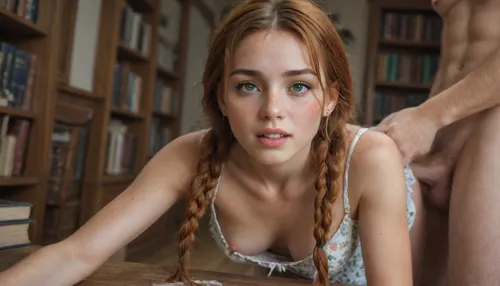 doggystyle, huge cock, cum, patterned sun dress, exposed breasts, redhead pigtails, braids, green eyes, cute face, 18, freckles, in a college library, slender, petite, pretty, beautiful, she loves to get fucked but she's crying tears of pain and happiness, she's becoming a slut and she realizes she likes it, <lora:ahxl_v1:.8>, <lora:Microwaist_XL_v01:.8>