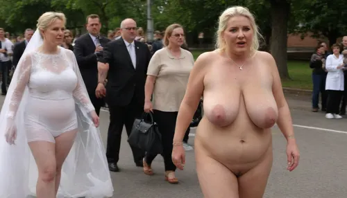 A wedding. Procession. City street. Naked blond obese woman. Well-dressed men in black suits and priests look at the Bride. She is a FAT 58-year-old woman, grandma, (((Full body with head visible))), . She is dressed only with a White veil on her head, White LACE BRA, naked body, no clothes, wrinkles, GLASSES, GRAY hair, collar, leash, ((daylight)), HD, true colors, detailed portrait. No blur, 8k, ultra HD photorealistic full height 8k, <lora:sagging-000015:.3>, plump, skindentation, chubby, bbw, venus, body, big, breasts, ass, <lora:Chubby BBW - XL:1.5>, (holding, with, mouth), <lora:356728_training_data:.8>, stretch, marks, <lora:stretch_marks:.8>