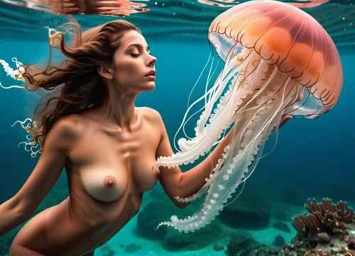 Alien ocean, (beautiful girl, athletic, natural pubic hair), swimming nude underwater, (giant transparent jellyfish:1.4), translucent tentacles groping her breasts and waist, floating deep, arching back, double penetration, handjob, spreading