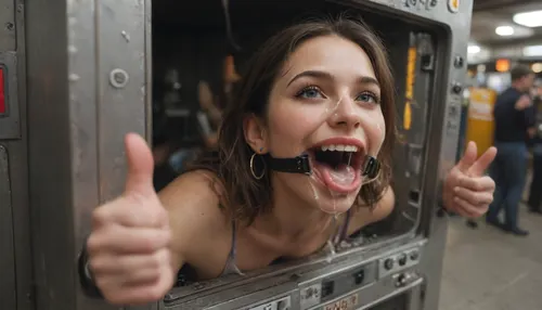 (woman is stuck with her hips in a round hole with metal rim in an arcade machine on a busy street, wearing a mouth spreader), (stuck in round hole with metal rim:1.1), (wide metal box), (her arms are fully stretched out to the sides), (arms restrained in contraption:1.2), (wide angle, full machine in picture:1.1), (bustling street, passersby:1.3), (wide smile, obsessive:1.3), (her arms are fixated in machine, she shows thumbs up:1.5), (score_9, score_8_up, score_7_up, UHD 8K, masterpiece, best quality, maximum details:1.2), natural light, extreme realism, cinematic still, (very happy), (her hands are protruding from holes:1.3), (stuck in hole with metal rim), (wide mouth spreader ring gag, gaping mouth:1.7), (leaning forward), (huge penis), (she stares at erect penis in front of her face:1.3), (cum on her face, bukkake:1.3)