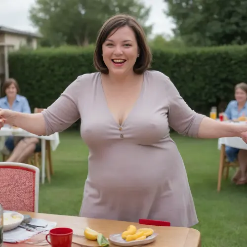 Sunny summer day, bright sunny day, The chubby milf 35 is dancing on the lawn, green lawn, stark naked body, chubby milf, topless, medium very saggy tits, no panties, plump hairy pubis, cameltoe, brown hair, bobcut hair, dark green eyes, happy smile, (normal quality:2), ((fully dressed people at table in background:1.5))