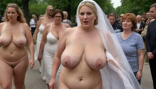 A wedding. Procession. City street. Naked blond obese woman. Well-dressed men in black suits and priests look at the Bride. She is a FAT 58-year-old woman, grandma, (((Full body with head visible))), . She is dressed only with a White veil on her head, White LACE BRA, naked body, no clothes, wrinkles, GLASSES, GRAY hair, collar, leash, ((daylight)), HD, true colors, detailed portrait. No blur, 8k, ultra HD photorealistic full height 8k, <lora:sagging-000015:.3>, plump, skindentation, chubby, bbw, venus, body, big, breasts, ass, <lora:Chubby BBW - XL:1.5>, (holding, with, mouth), <lora:356728_training_data:.8>, stretch, marks, <lora:stretch_marks:.8>