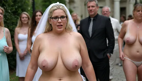 A wedding. Procession. City street. Naked blond obese woman. Well-dressed men in black suits and priests look at the Bride. She is a FAT 58-year-old woman, grandma, (((Full body with head visible))), . She is dressed only with a White veil on her head, White LACE BRA, naked body, no clothes, wrinkles, GLASSES, GRAY hair, collar, leash, ((daylight)), HD, true colors, detailed portrait. No blur, 8k, ultra HD photorealistic full height 8k, <lora:sagging-000015:.3>, plump, skindentation, chubby, bbw, venus, body, big, breasts, ass, <lora:Chubby BBW - XL:1.5>, (holding, with, mouth), <lora:356728_training_data:.8>, stretch, marks, <lora:stretch_marks:.8>