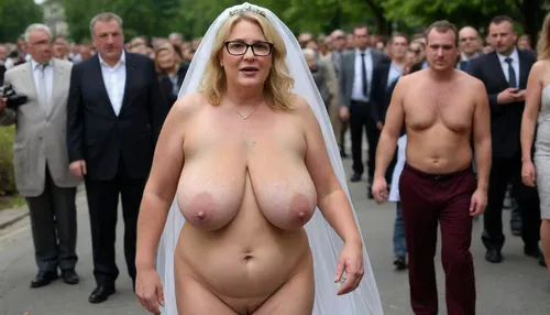 A wedding. Procession. City street. Naked blond obese woman. Well-dressed men in black suits and priests look at the Bride. She is a FAT 58-year-old woman, grandma, (((Full body with head visible))), . She is dressed only with a White veil on her head, White LACE BRA, naked body, no clothes, wrinkles, GLASSES, GRAY hair, collar, leash, ((daylight)), HD, true colors, detailed portrait. No blur, 8k, ultra HD photorealistic full height 8k, <lora:sagging-000015:.3>, plump, skindentation, chubby, bbw, venus, body, big, breasts, ass, <lora:Chubby BBW - XL:1.5>, (holding, with, mouth), <lora:356728_training_data:.8>, stretch, marks, <lora:stretch_marks:.8>
