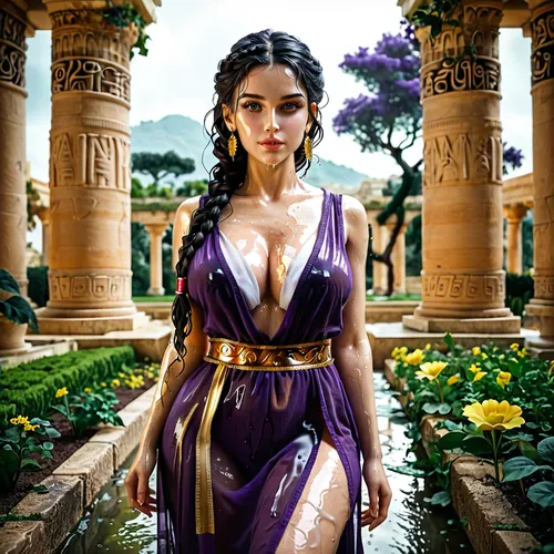 Greek goddess, lush black hair, braided hair, shiny wet skin, seductive dynamic pose, looking at viewer, beautiful face, stunning woman, excessive cleavage, chest drapery, pelvic drapery, dark purple tunic dress, sheer clothing, golden bands, golden waistband, in a night garden, nighttime ancient Greek temple