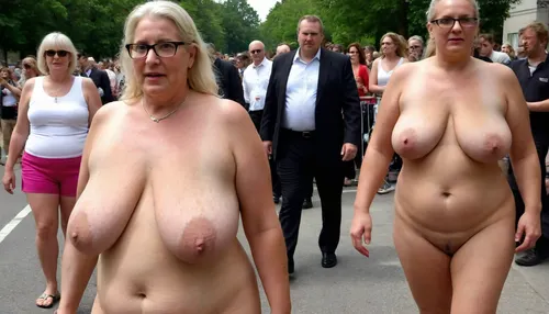 A wedding. Procession. City street. Naked blond obese woman. Well-dressed men in black suits and priests look at the Bride. She is a FAT 58-year-old woman, grandma, (((Full body with head visible))), . She is dressed only with a White veil on her head, White LACE BRA, naked body, no clothes, wrinkles, GLASSES, GRAY hair, collar, leash, ((daylight)), HD, true colors, detailed portrait. No blur, 8k, ultra HD photorealistic full height 8k, <lora:sagging-000015:.3>, plump, skindentation, chubby, bbw, venus, body, big, breasts, ass, <lora:Chubby BBW - XL:1.5>, (holding, with, mouth), <lora:356728_training_data:.8>, stretch, marks, <lora:stretch_marks:.8>