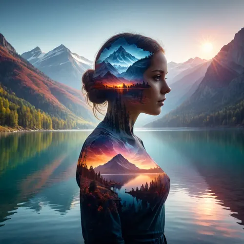 (double-exposure image, silhouette of a woman superimposed on a mountain lake), vibrant colors, blending human with landscape, Double Exposure style, double exposure, dvr-wwyt, <lora:dvr-wwyt:2>