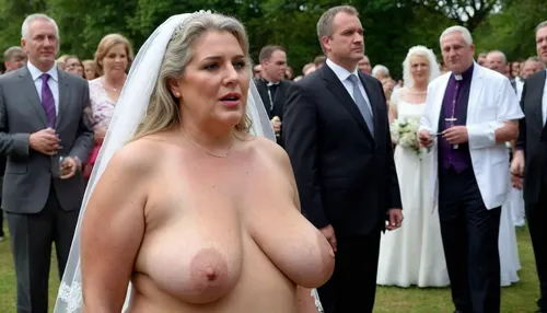 A wedding. Procession. City street. Naked blond obese woman. Well-dressed men in black suits and priests look at the Bride. She is a FAT 58-year-old woman, grandma, (((Full body with head visible))), . She is dressed only with a White veil on her head, White LACE BRA, naked body, no clothes, wrinkles, GLASSES, GRAY hair, collar, leash, ((daylight)), HD, true colors, detailed portrait. No blur, 8k, ultra HD photorealistic full height 8k, <lora:sagging-000015:.3>, plump, skindentation, chubby, bbw, venus, body, big, breasts, ass, <lora:Chubby BBW - XL:1.5>, (holding, with, mouth), <lora:356728_training_data:.8>, stretch, marks, <lora:stretch_marks:.8>