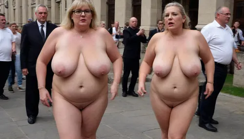 A wedding. Procession. City street. Naked blond obese woman. Well-dressed men in black suits and priests look at the Bride. She is a FAT 58-year-old woman, grandma, (((Full body with head visible))), . She is dressed only with a White veil on her head, White LACE BRA, naked body, no clothes, wrinkles, GLASSES, GRAY hair, collar, leash, ((daylight)), HD, true colors, detailed portrait. No blur, 8k, ultra HD photorealistic full height 8k, <lora:sagging-000015:.3>, plump, skindentation, chubby, bbw, venus, body, big, breasts, ass, <lora:Chubby BBW - XL:1.5>, (holding, with, mouth), <lora:356728_training_data:.8>, stretch, marks, <lora:stretch_marks:.8>