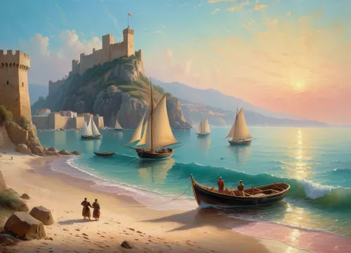 The painting is in the style of the Russian artist Ivan Konstantinovich Aivazovsky.In the central part of the canvas there is a sailboat standing on a raid near the walls of the Genoese fortress. The rays of the rising sun turn the sails of the ship pale pink. The turquoise expanse of the sea is calm, and the unfurled sails are reflected in it, as if in a mirror. In the foreground of the painting, on a sandy beach near the sea, the viewer sees a cart pulled by two oxen and a boat approaching the shore. Near the cart and boat, the author depicted local residents dressed in national costumes.
In the haze of morning fog, the outlines of sailboats standing in the bay are barely discernible. The rays of the sun rising over the mountains fill the sky, the peaks of the rocks and the sea near the horizon with a warm lemon yellow color.
In the misty haze on the tops of the coastal cliffs, you can see the ancient towers of the ancient Genoese fortress.
The painting is imbued with lyrical romanticism, which is especially felt on Aivazovsky's canvases, painted in the so-called oriental taste.