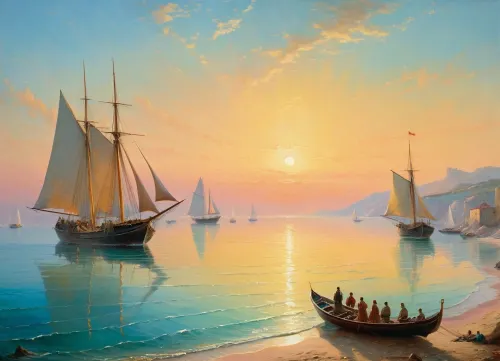 The painting is in the style of the Russian artist Ivan Konstantinovich Aivazovsky.In the central part of the canvas there is a sailboat standing on a raid near the walls of the Genoese fortress. The rays of the rising sun turn the sails of the ship pale pink. The turquoise expanse of the sea is calm, and the unfurled sails are reflected in it, as if in a mirror. In the foreground of the painting, on a sandy beach near the sea, the viewer sees a cart pulled by two oxen and a boat approaching the shore. Near the cart and boat, the author depicted local residents dressed in national costumes.
In the haze of morning fog, the outlines of sailboats standing in the bay are barely discernible. The rays of the sun rising over the mountains fill the sky, the peaks of the rocks and the sea near the horizon with a warm lemon yellow color.
In the misty haze on the tops of the coastal cliffs, you can see the ancient towers of the ancient Genoese fortress.
The painting is imbued with lyrical romanticism, which is especially felt on Aivazovsky's canvases, painted in the so-called oriental taste.