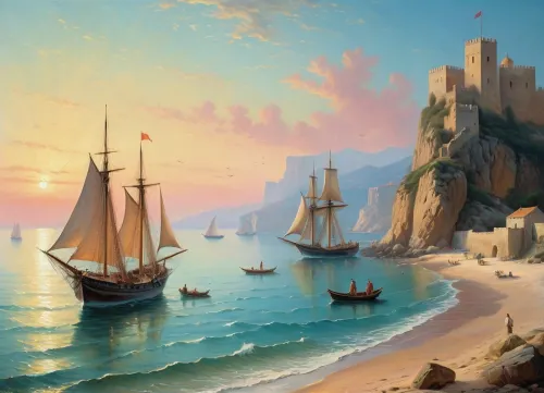 The painting is in the style of the Russian artist Ivan Konstantinovich Aivazovsky.In the central part of the canvas there is a sailboat standing on a raid near the walls of the Genoese fortress. The rays of the rising sun turn the sails of the ship pale pink. The turquoise expanse of the sea is calm, and the unfurled sails are reflected in it, as if in a mirror. In the foreground of the painting, on a sandy beach near the sea, the viewer sees a cart pulled by two oxen and a boat approaching the shore. Near the cart and boat, the author depicted local residents dressed in national costumes.
In the haze of morning fog, the outlines of sailboats standing in the bay are barely discernible. The rays of the sun rising over the mountains fill the sky, the peaks of the rocks and the sea near the horizon with a warm lemon yellow color.
In the misty haze on the tops of the coastal cliffs, you can see the ancient towers of the ancient Genoese fortress.
The painting is imbued with lyrical romanticism, which is especially felt on Aivazovsky's canvases, painted in the so-called oriental taste.