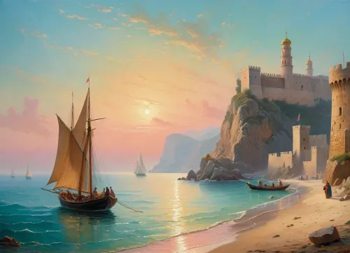 The painting is in the style of the Russian artist Ivan Konstantinovich Aivazovsky.In the central part of the canvas there is a sailboat standing on a raid near the walls of the Genoese fortress. The rays of the rising sun turn the sails of the ship pale pink. The turquoise expanse of the sea is calm, and the unfurled sails are reflected in it, as if in a mirror. In the foreground of the painting, on a sandy beach near the sea, the viewer sees a cart pulled by two oxen and a boat approaching the shore. Near the cart and boat, the author depicted local residents dressed in national costumes.
In the haze of morning fog, the outlines of sailboats standing in the bay are barely discernible. The rays of the sun rising over the mountains fill the sky, the peaks of the rocks and the sea near the horizon with a warm lemon yellow color.
In the misty haze on the tops of the coastal cliffs, you can see the ancient towers of the ancient Genoese fortress.
The painting is imbued with lyrical romanticism, which is especially felt on Aivazovsky's canvases, painted in the so-called oriental taste.
