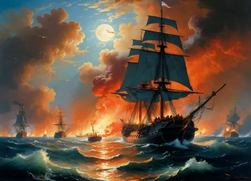 The painting is in the style of the Russian artist Ivan Konstantinovich Aivazovsky.In the depths of the bay, burning ships can be seen sinking, fragments of masts flying apart from the explosion. Rising flames with scarlet-blue smoke mix with clouds, and the light of the moon illuminates the hellish mixture of fire and water. In the foreground, the flagship of the Russian fleet "Three Hierarchs" stands in dark silhouette, to which a boat with the crew of the fireman D. S. Ilyin approaches. Behind the "Three Hierarchs" are "Europa" and "Rostislav", on the left in the background is "Don't touch me", (the location of the Russian ships is slightly "edited" by Aivazovsky, the ships are closer to each other than they were in real combat), . On the left in the foreground, Turkish sailors can be seen in the water, clinging to the wreckage of ships in order not to drown. In the background, the city is illuminated by the glow of the fire. The composition is built on a sharp contrast between flames, pale moonlight, clouds of smoke and fire covering the sky — all this creates the impression of tension and drama of the events taking place. Visually, the center of the picture is not even the Russian ships in the foreground, visible more as silhouettes against the background of clouds of flame and smoke, but the burning formation of the Turkish fleet., painted in the so-called oriental taste.