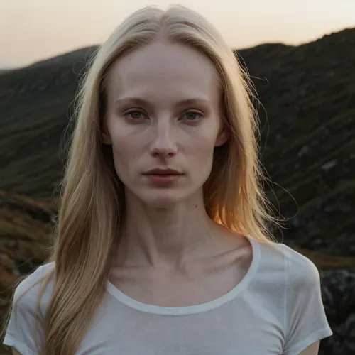A DSLR portrait of a Scandinavian woman called Fiona, early 30s, long wild blonde hair, sharp face with high cheekbones, (pale skin:1.5), very small breasts, (thin:1.5), (skinny:1.4), wearing a white t-shirt, shot on 50mm lens at f/2.0 aperture, light background with natural lighting, 8K highest definition, <lora:ahxl_v1:1.6>