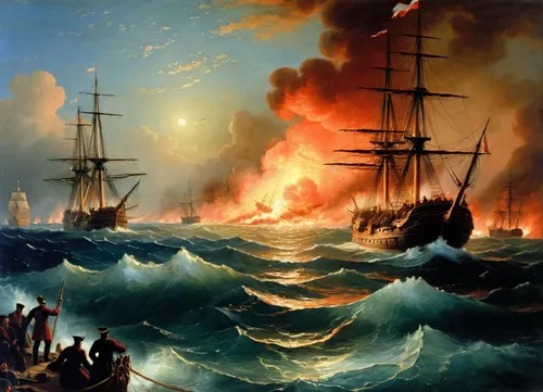 The painting is in the style of the Russian artist Ivan Konstantinovich Aivazovsky.In the depths of the bay, burning ships can be seen sinking, fragments of masts flying apart from the explosion. Rising flames with scarlet-blue smoke mix with clouds, and the light of the moon illuminates the hellish mixture of fire and water. In the foreground, the flagship of the Russian fleet "Three Hierarchs" stands in dark silhouette, to which a boat with the crew of the fireman D. S. Ilyin approaches. Behind the "Three Hierarchs" are "Europa" and "Rostislav", on the left in the background is "Don't touch me", (the location of the Russian ships is slightly "edited" by Aivazovsky, the ships are closer to each other than they were in real combat), . On the left in the foreground, Turkish sailors can be seen in the water, clinging to the wreckage of ships in order not to drown. In the background, the city is illuminated by the glow of the fire. The composition is built on a sharp contrast between flames, pale moonlight, clouds of smoke and fire covering the sky — all this creates the impression of tension and drama of the events taking place. Visually, the center of the picture is not even the Russian ships in the foreground, visible more as silhouettes against the background of clouds of flame and smoke, but the burning formation of the Turkish fleet., painted in the so-called oriental taste.
