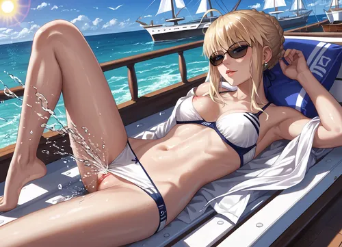 Best quality, high detailed, masterpiece, (on ship:1.1), (ship deck), Artoria Pendragon from Fate Stay Night, lying on her back, undressing herself, making sunbathing, her leg bent at knee, she drinking mojito cocktail, satisfied face., (Swim bra lifted up:1.1), swim panties pulled down, (black sunglasses), open ocean, (white yacht), sun, (only one nipple exposed:.8), slightly visible vagina, (squirting:1.2)