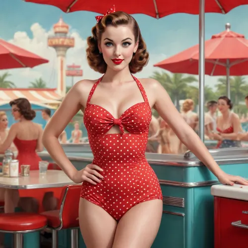 A pin-up style illustration of a young woman in mid-20th-century retro aesthetic.full length, She has large expressive eyes, fair skin, soft wavy auburn hair in a 1950s hairstyle, and a cheerful or playful facial expression. She is wearing a classic red one-piece swimsuit with white polka dots, or a vintage red dress in the same pattern, depending on the scene. Her body is medium build with natural curves — not exaggerated, realistic proportions. She appears in dynamic or charming poses, reflecting mid-century pin-up art. The lighting is soft and vintage-inspired, with a clean background or stylized setting appropriate to the theme, (e.g., beach, kitchen, veranda, amusement park), . Illustration is rendered in traditional pin-up painting style, (like Gil Elvgren), with warm tones and gentle shading