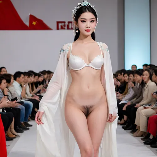 (fashion week, modern, white background, audience are taking pictures, runway fashion show:1.3), (1girl, asian, tall model, Chinese traditional white bra, slender body, naked long legs:1.3), (no clothes:1.3), (camera is shooting bottom up:1.4), (CHINESE opera actress, nude, without makeup, chinese face:1.2), black hair, Chinese traditional hair style, horsetail hair style, (white sexy underpanties:1.2), long legs, (white high heels shoes:1.2), h41ry, chinese, peking, opera, fashion, show, podium, walks, posing, from, below, shoes, delicate, detailed, eyes, <lora:h41ry:.9>, <lora:MaybeBetterFaceInFullBodyLora_XL_rev3:1.2>, <lora:504406_training_data:1.9>, <lora:chinese_peking_opera:.8>, <lora:underanglexl16:1.2>