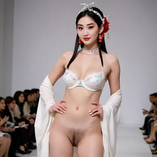 (fashion week, modern, white background, audience are taking pictures, runway fashion show:1.3), (1girl, asian, tall model, Chinese traditional white bra, slender body, naked long legs:1.3), (no clothes:1.3), (camera is shooting bottom up:1.4), (CHINESE opera actress, nude, without makeup, chinese face:1.2), black hair, Chinese traditional hair style, horsetail hair style, (white sexy underpanties:1.2), long legs, (white high heels shoes:1.2), h41ry, chinese, peking, opera, fashion, show, podium, walks, posing, from, below, shoes, delicate, detailed, eyes, <lora:h41ry:.9>, <lora:MaybeBetterFaceInFullBodyLora_XL_rev3:1.2>, <lora:504406_training_data:1.9>, <lora:chinese_peking_opera:.8>, <lora:underanglexl16:1.2>