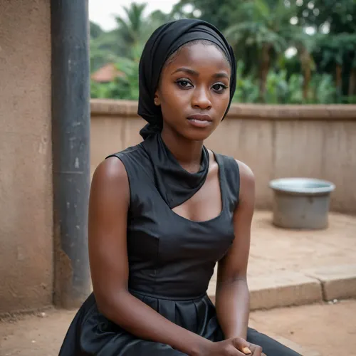 portrait of a, (very petite:1.3), (19 year old), (Congolese woman), (very dark black skin), (satin-dress), (cum on face), (cum on hijab), sitting near a well. woman, cum, on, face, <lora:JustCum:1>