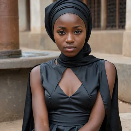 portrait of a, (very petite:1.3), (19 year old), (Congolese woman), (very dark black skin), (satin-dress), (cum on face), (cum on hijab), sitting near a well. woman, cum, on, face, <lora:JustCum:1>