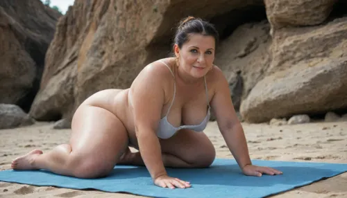 Inhabitants island near ocean and cave, chubby Old black haired fat granny 85 years old solo, old skin, old hairstyle, bbw grandmother, on beach, natural gigant saggy tits, huge wide ass, wide hips, brown eyes, tanned old cellulite frecles granny body, naughty pose, old realistic face, whore makeup long eyelashes, yoga, stretch marks old body, far solo granny, bright sun light, Freckles, Natural, skin, <lora:Real_People-SDXL:.8>, <lora:Cosine_freck:.8>