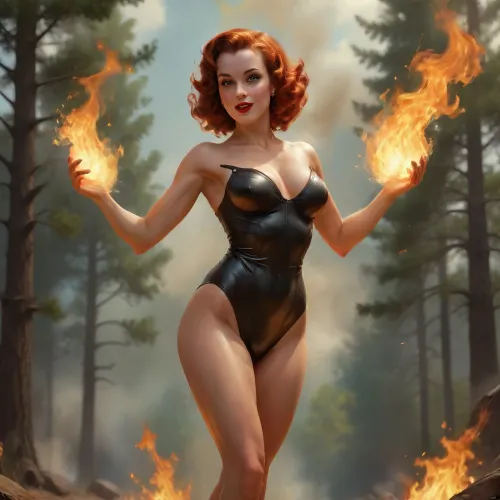 A pin-up style illustration of a young woman with a mid-20th century retro aesthetic. Full length. She has large expressive eyes, white skin, soft wavy fire elemental hair in a 1950s hairstyle, and a cheerful or playful expression. She is wearing classic leather BDSM clothing. Her body type is medium, with natural curves, no exaggeration, realistic proportions. She appears in dynamic or charming poses, reflecting mid-century pin-up art. The lighting is soft and vintage-inspired, with a clean background or stylized setting appropriate to the theme, (e.g. burning forest), . Illustration is rendered in traditional pin-up painting style, (like Gil Elvgren), with warm tones and gentle shading, sagging, Explosion, Artstyle, fire, elemental, latex, matte, shiny, inflatable, <lora:sagging-000015:2>, <lora:Explosion Artstyle - Trigger is Explosion Artstyle:1.5>, <lora:RPGFireElementalXL:1.5>, <lora:shinylatex-merged:1>