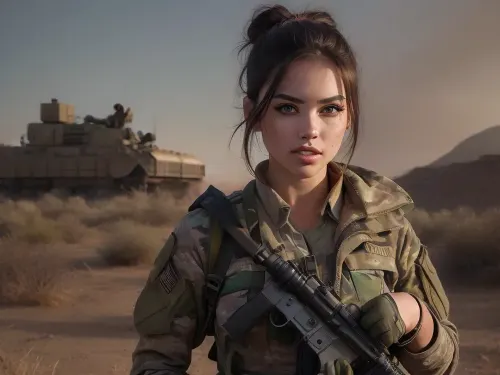 1girl, full body view, best quality, ultra-detailed, masterpiece, finely detail, highres, 8k wallpaper, beautiful soldier, 18 years old, gymnastic body, medium bobs, lots of freckles face and skin, very hard blush on the checks and nose, raised nasal tip, cute tall tall tall tall smile, hypnotized loving eyes, sunbeams, sunrise, hard shadows, ((blushing)), modern millitary, thick thighs with a slim waist, slim thick, perfect tits, beautiful eyes, lips, cute tall tall tall tall tall nose, symmetrical face, symmetrical eyes, confident and strong, toned physique, athletic body, military wear, military fashion, tactical gear, belts and straps, cigarette, smoking, guns, desert background with ruins, overcast sky, highly detailed background, highly detailed face, highly detailed clothes, tech wear, ammo, ammo belt, dirt, dirty, dusty, wind, storm, strong jawline and defined cheek bones, sexually powerful, perfect eyes, perfect face, extreme face detail, hair up in a bun with sidelocks, ghile suit, rucksack, radio with long antenna, tactical wear, millitary fashion, seductive and arouses facial expression, fishnets, firm perky tits, sexy soldier, dominant soldier, beauty marks, tight ass, bandages, extremely accurate hands, marksmen, sniper, sharpshooter, tank girl aesthetic, sweaty skin, hand behind head, playing with hair, touching her own breasts, cleavage, perfect teeth, green or beige uniform, camo outfit, authority, large foreboding industrial millitary equipment in the background, realistic weaponry, nipples, See, "Girl, List", kurokawa, mari, blue, eyes, blackhair, long, hair, ribbon, pants, denim, strapless, dress, <lora:GATE - [Girlpack] - Version 1:.5>, <lora:chara_GATEJietai_KurokawaMari_v1:.5>