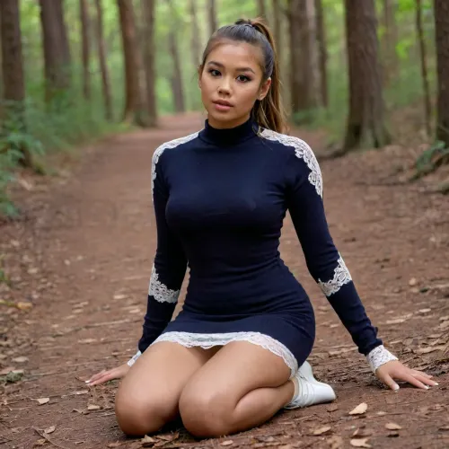 (awesome thai 18 years old girl), (((tanned skin))), (((black sweater & black mini dress with white lace))), ((ponytail hairs)), (big round breast), big ass, (white stiletto high heels), ((big boobs)), ((navy patches)), (lying in forest), ((sexy minidress)), (awesome face), (ponytail hairs), (bow), (NSFW), (big earnings), ((wet cunt)), (white lace gloves), 1 girl, 1 man, <lora:rearpussy-xl-1.0:.5>, <lora:mix18:.5>, (sits cross-legged), (erect niples), (high resolution image)
