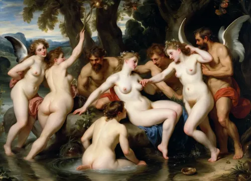 (Peter Paul Rubens Style:1.5), masterpiece, full color image, 8K quality, epic oil painting, "Nymphs and Satyr", in the style of artist William Bouguereau, The painting depicts a group of nymphs who, bathing naked in a secluded pond, discovered a voluptuous satyr peeping at them. Surrounding him from all sides, they drag the satyr, who is resting his hooves into the water.
Recognizing the high quality of Bouguereau's academic style, critics noted the "aristocratic seductiveness" of the nymphs after the painting appeared. One of the critics wrote that they
... lovely, slender and elegant, like Parisian ladies of high society… I'd say they're too adorable. It seems that they have just left the beauty salon, and Atlasthe incredible tenderness of their skin could only be achieved through regular bathing in almond milk.In Greek and Roman legends, satyrs and their doppelgangers-fauns, sylvanas, Silenus, and pan-appeared most often as pranksters, buffoons, cowards, drunkards, sensualists, deceivers, and libertines. In the Christian tradition, they began to be associated with the devil. Satyrs are the constant companions of dryads. They represent a group of forest deities, fertility demons, always cheerful, full of strength. These goat-footed creatures inhabited the Greek islands in great numbers., <lora:Peter Paul Rubens Style:1.3>