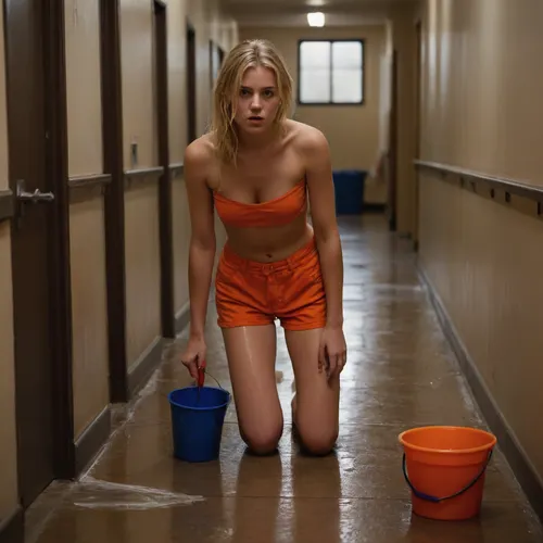 A young blonde barefoot, (feet are to be seen), topless woman on her knees in orange shorts has to wipe the wet prison corridor With a bucket and mop
