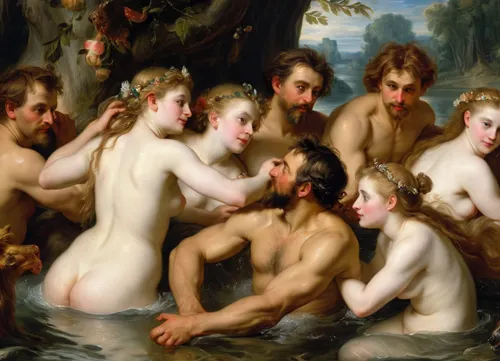 (Peter Paul Rubens Style:1.5), masterpiece, full color image, 8K quality, epic oil painting, "Nymphs and Satyr", in the style of artist William Bouguereau, The painting depicts a group of nymphs who, bathing naked in a secluded pond, discovered a voluptuous satyr peeping at them. Surrounding him from all sides, they drag the satyr, who is resting his hooves into the water.
Recognizing the high quality of Bouguereau's academic style, critics noted the "aristocratic seductiveness" of the nymphs after the painting appeared. One of the critics wrote that they
... lovely, slender and elegant, like Parisian ladies of high society… I'd say they're too adorable. It seems that they have just left the beauty salon, and Atlasthe incredible tenderness of their skin could only be achieved through regular bathing in almond milk.In Greek and Roman legends, satyrs and their doppelgangers-fauns, sylvanas, Silenus, and pan-appeared most often as pranksters, buffoons, cowards, drunkards, sensualists, deceivers, and libertines. In the Christian tradition, they began to be associated with the devil. Satyrs are the constant companions of dryads. They represent a group of forest deities, fertility demons, always cheerful, full of strength. These goat-footed creatures inhabited the Greek islands in great numbers., <lora:Peter Paul Rubens Style:1.3>