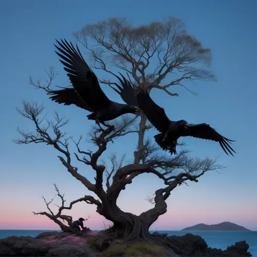 A painting depicts two black ravens perched on a gnarled tree branch. The serene ocean and twilight sky, with hues of blue and pink, form the background. The scene is tranquil, with rocky terrain and sparse grass in the foreground. The ravens' glossy feathers contrast with the muted landscape. #©KITTYART



































#©KITTYART