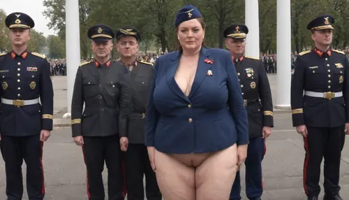 ((no skirt:1.5)), no panties on a OBESE 51-year-old European woman, grandma with hidden shaggy tits and shaggy belly under buttoned BLACK BLUE Military general parade suit. Shaved pussy is visible. BLACK hair, ((wrinkles:1.5)), . RED lipstick on thin lips, BLACK makeup, ((glasses:1)), . She is dressed only with, ((buttoned BLACK BLUE Military general parade suit:1.5)), buttoned up on the tits, ((officer's peaked CAP:1.5)), ., ((NO skirt:1.5)), NO PANTIES. long boots, belt, ((shaved pussy visible:1.5)), full figure visible, outdoor, war parade, realistic image, ultra HD, 8k, ((daylight)), HD, true colors, detailed portrait. No blur, VIVID COLOR full height 8k, megachubsdxl, morbidly, obese, <lora:megachubsdxl_13:.2>, <lora:milkers_v2:.2>, <lora:uniform:1.5>, sagging, breasts, <lora:sagging-000015:.1>