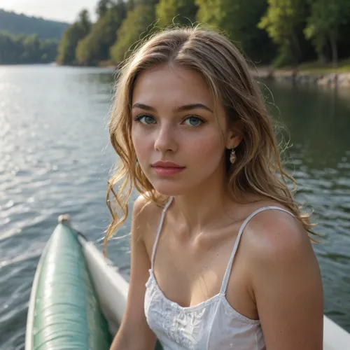 A full-body artistic portrait of a young European woman with golden blonde hair, sitting on a colorful inflatable boat in the middle of a calm, sunlit lake. She holds a large silver carp, (bighead fish), proudly in her arms, its body partially covering her torso. Her skin is sun-kissed and glowing, with drops of water glistening. She appears relaxed and joyful, with wet hair flowing over her shoulders. The soft afternoon sunlight reflects off the water’s surface, creating a sparkling effect. The background shows lush green shoreline trees and a clear summer sky. Ultra-realistic style, cinematic lighting, and vibrant colors.
