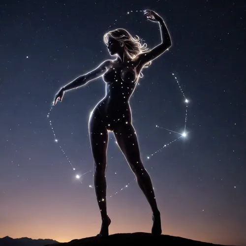 night sky. A strip of the horizon is visible, The transparent silhouette of a dancing sexy Goddess of Love is made up of stars. She is a constellation in the sky. The constellation shines much brighter than all the others.

A mysterious naked transluent silhouette of a sexy woman made of starlight, ((a transparent silhouette of a sexy woman made out of constellation style and signs with stars)), hold in hand moon, <lora:c0nst3llation:1.2>