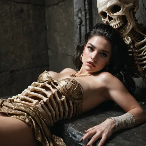 Cinematic still the viewer looks down at an alter, 1 male necromancer, 1 female skeleton, magical male necromancer casts a spell on a female skeleton lying on it's back. The necromancer is standing between the skeleton's legs, the necromancer is fucking the skeleton, the skeleton has long black hair, the skeleton wears an elaborate gold necklace, the skeleton wears the tatters of a dress. The necromancers large cock glows with magic as he thrusts into the pelvis of the skeleton. 4k epic detail, shot on kodak, 35mm photo, sharp focus, high budget, cinemascope, moody, epic, gorgeous, film grain, grainy, score_9, score_8_up, score_7_up, rating, explicit.