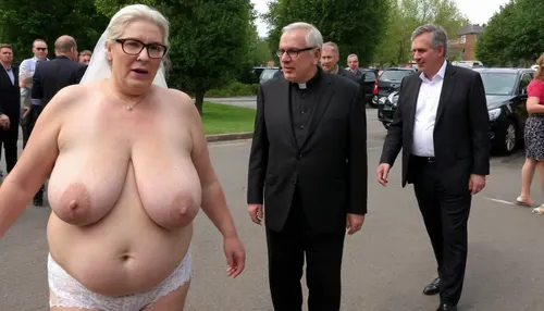 A wedding. Procession. City street. Naked blond obese woman. Well-dressed men in black suits and priests look at the Bride. She is a FAT 58-year-old woman, grandma, (((Full body with head visible))), . She is dressed only with a White veil on her head, White LACE BRA, naked body, no clothes, wrinkles, GLASSES, GRAY hair, collar, leash, ((daylight)), HD, true colors, detailed portrait. No blur, 8k, ultra HD photorealistic full height 8k, <lora:sagging-000015:.3>, plump, skindentation, chubby, bbw, venus, body, big, breasts, ass, <lora:Chubby BBW - XL:1.5>, (holding, with, mouth), <lora:356728_training_data:.8>, stretch, marks, <lora:stretch_marks:.8>
