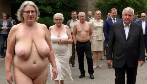 A wedding. Procession. City street. Naked blond obese woman. Well-dressed men in black suits and priests look at the Bride. She is a FAT 58-year-old woman, grandma, (((Full body with head visible))), . She is dressed only with a White veil on her head, White LACE BRA, naked body, no clothes, wrinkles, GLASSES, GRAY hair, collar, leash, ((daylight)), HD, true colors, detailed portrait. No blur, 8k, ultra HD photorealistic full height 8k, <lora:sagging-000015:.3>, plump, skindentation, chubby, bbw, venus, body, big, breasts, ass, <lora:Chubby BBW - XL:1.5>, (holding, with, mouth), <lora:356728_training_data:.8>, stretch, marks, <lora:stretch_marks:.8>