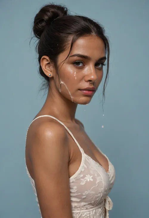 (brown skinned Indian woman looking at viewer:1.3), (dark skinned brown lips), (slightly bent hooked nose:1.2), (extremely arched nose:1.3), jawline, slightly side view, (short sleek straight tied hair:1.3), arrogant, (black hair), hooked nose, plucked eyebrows, dark complexion, (transparent liquid, wet face), (cum on her face, bukakke), white summer dress, cleavage, dark blue background, short sleeves, puffer sleeves, (flower print on dress:.8), millinery, fascinator, faint smile