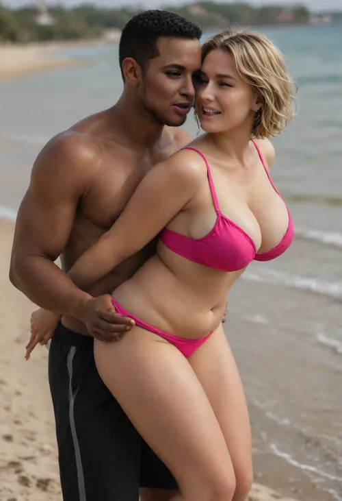detailed photo, high quality, high resolution, Full-length photo, (an interracial couple, (bungalow:1.2), near bungalow, (huge black guy:1.3), a black guy carries a married woman to the bungalow, carries her on his back, carries her on his back, a big black man carries, a woman on his back, (on his back:1.2), young milf, mature woman, married woman, blonde, straight hair, straight hair, short hair, golden hair, straight hair, detailed face, passionate face, excited face, arrogant face, high-quality eyes, beautiful brown eyes, a woman has a small nose, cheeks, plump cheeks, plump lips, white teeth, (The woman is shoked), the woman is screaming, a woman has large saggy breasts, hanging tits, large breasts, small tummy, tummy, medium-sized ass, round ass, plump legs, thick legs, a woman is slightly tanned, tanned skin, tanned face, woman wearing pink swimsuit, dark pink open swimsuit, dark pink underpants, dark pink bra, man, goes, man carries woman, man, (black young man, big black guy), (muscular guy:1.4), huge guy, tall guy, strong arms, fit black hooligan, guy in black swim trunks, bare torso, (The big black man dragging a woman on his back), beach bungalow, to the bungalow, a black guy in short swim trunks), green, eyes, blue, brown, perfecteyes, african, israeli, english, arabic, chain, piercing, earring, blackandwhite, color, profile, jacket, shorts, tank, rustic, beachfront, bung4l0w, <lora:PerfectEyesXL:1>, <lora:338632_training_data:1>, <lora:rustic_beachfront_bung4l0w:.1>