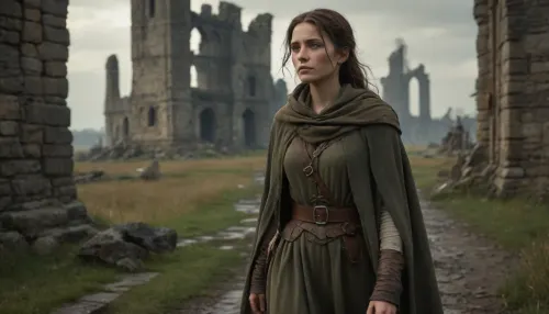 `Post-apocalyptic scene with nature reclaiming medieval ruins, ivy-covered stone castles, collapsed wooden watchtowers, overgrown cobblestone paths, and distant remnants of a shattered city with crumbling cathedrals. A weary woman in ragged, dirt-streaked clothing—patched woolen tunic, frayed cloak with a corroded clasp, scuffed leather boots—walks through a field of wild grass, her garments torn and stained with grime. She carries a dented copper flask, her face smudged with ash, sunlight filtering through haze to highlight the decayed landscape. 8k resolution, hyperrealistic textures, (weathered stone, matted fabric, oxidized metal), cinematic HDR lighting blending muted browns and gray-green tones, anti-aliasing, depth of field focusing on her figure against the ruins, ray-traced mist, lossless PNG format.`
