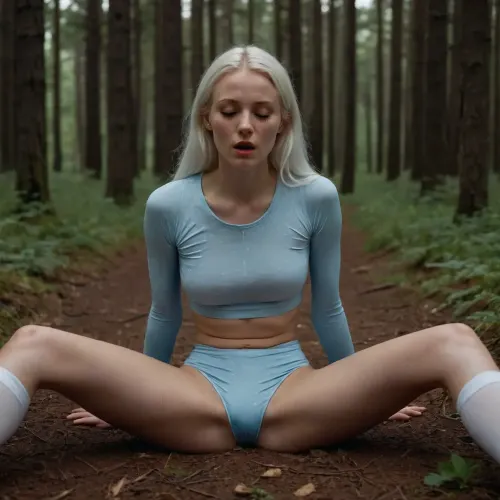 A 6ft tall very skinny 30s woman with long straight white hair, She has long thin legs, She has small breasts cup A, she has a flat belly and thigh gap, She is is lying flat on the forest floor with her legs wide apart, her knees pulled up and her hands holding her thighs, She is wearing a skintight white running shirt with red polkadots, (She is wearing lightblue cycling bibs), She is half irish half lithuanian with a pretty freckled face, Her eyes are closed, her mouth is wide open, (cum flowing from her mouth and lips and pussy and belly and thighs), .
Natural light, POV from someone standing 6 feet away looking down, woman, cum, on, face