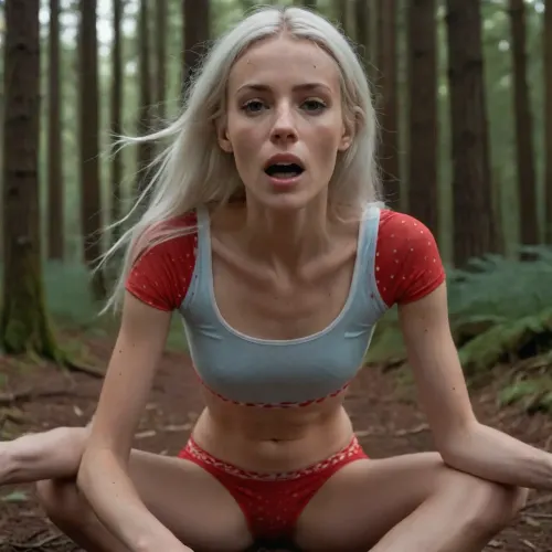 A 6ft tall very skinny 30s woman with long straight white hair and long thin legs and small breasts cup A and flat belly and thigh gap is lying flat on the forest floor, with her legs wide apart, her knees pulled up, her hands holding her thighs, She is wearing a skintight white running shirt with red polkadots, (She is wearing lightblue cycling bibs), She is half irish half lithuanian with a pretty freckled face, Her eyes are closed, her mouth is wide open, cum flowing from her mouth and lips and pussy and belly and thighs.
Natural light, POV from someone standing 6 feet away looking down, woman, cum, on, face, <lora:JustCum:.8>