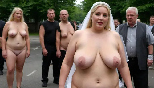A wedding. Procession. City street. Naked blond obese woman. Well-dressed men in black suits and priests look at the Bride. She is a FAT 58-year-old woman, grandma, (((Full body with head visible))), . She is dressed only with a White veil on her head, naked body, no clothes, wrinkles, GLASSES, GRAY hair, BLACK make up, dark lipstick, ((daylight)), HD, true colors, detailed portrait. No blur, 8k, ultra HD photorealistic full height 8k, <lora:sagging-000015:.3>, plump, skindentation, chubby, bbw, venus, body, big, breasts, ass, <lora:Chubby BBW - XL:1.5>, (holding, with, mouth), <lora:356728_training_data:.8>, stretch, marks, <lora:stretch_marks:.8>