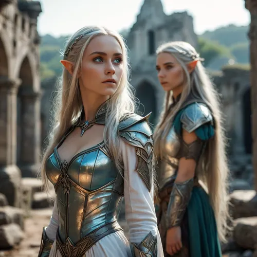 A 21-year-old elf warrior with very long iridescent silver hair, large breasts, a narrow waist and wide hips, very far away you can see elven ruins, against a background of elven ruins, <lora:MJ52:.8>, <lora:add-detail-xl:.8>