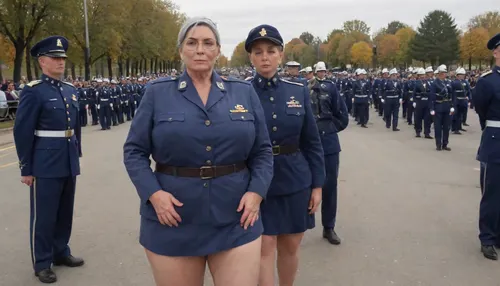 no skirt, no panties on a CURVY 51-year-old European woman, grandma with hidden shaggy tits and shaggy belly under buttoned DARK BLUE Military parade suit. Shaved pussy is visible. Light grey blond hair, ((wrinkles:1.5)), . Dark lipstick on thin lips, BLACK makeup, glasses. Slut face. She is dressed only with, ((buttoned DARK BLUE Military parade suit:1.5)), buttoned up on the tits, officer's peaked cap., ((NO skirt:1.5)), NO PANTIES. long boots, belt, ((shaved pussy visible:1.5)), full figure visible, outdoor, prisoners of war, realistic image, ultra HD, 8k, ((daylight)), HD, true colors, detailed portrait. No blur, ultra HD photorealistic full height 8k, <lora:356724_training_data:.3>, <lora:milkers_v2:.1>, megachubsdxl, morbidly, obese, <lora:megachubsdxl_13:.2>