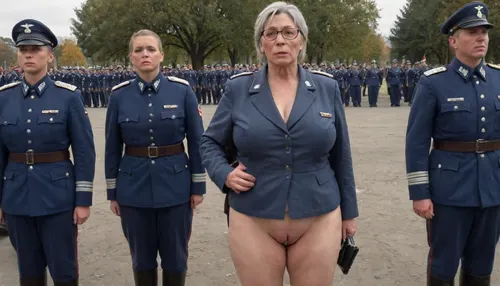 no skirt, no panties on a CURVY 51-year-old European woman, grandma with hidden shaggy tits and shaggy belly under buttoned DARK BLUE Military parade suit. Shaved pussy is visible. Light grey blond hair, ((wrinkles:1.5)), . Dark lipstick on thin lips, BLACK makeup, glasses. Slut face. She is dressed only with, ((buttoned DARK BLUE Military parade suit:1.5)), buttoned up on the tits, ((officer's peaked CAP:1)), ., ((NO skirt:1.5)), NO PANTIES. long boots, belt, ((shaved pussy visible:1.5)), full figure visible, outdoor, prisoners of war, realistic image, ultra HD, 8k, ((daylight)), HD, true colors, detailed portrait. No blur, ultra HD photorealistic full height 8k, megachubsdxl, morbidly, obese, <lora:megachubsdxl_13:.8>, <lora:milkers_v2:.8>, <lora:uniform:.8>